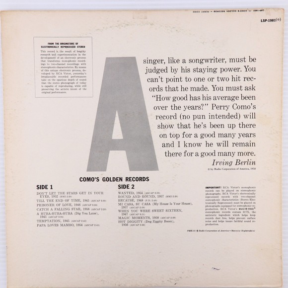 Perry Como's Golden Records - Reissue 12" Vinyl LP Record LSP-1981(e) - Picture 2 of 16